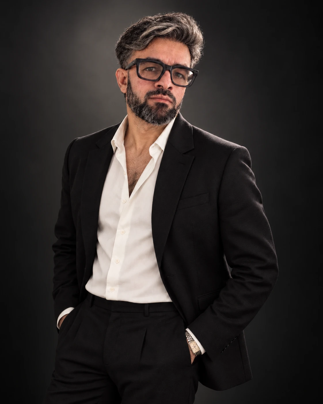 Sarf in a black suit and off-white shirt, lit against a charcoal studio backdrop.